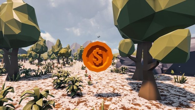 3D Render low Polygon background with natural landscape scenery and Dollar gold coin