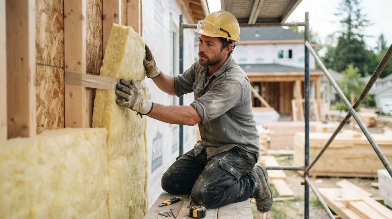 a construction worker installing insulation on the exterior wall of a house