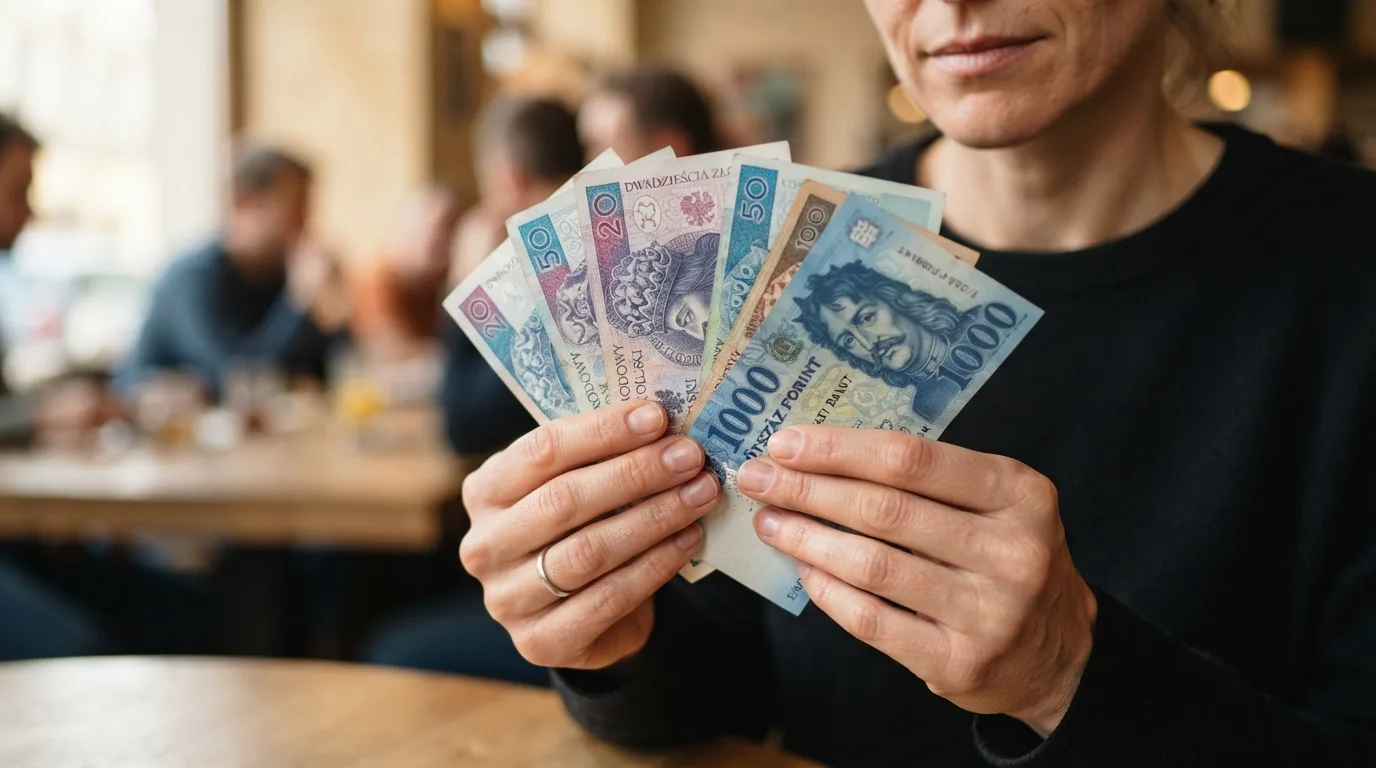 a person holding Polish and Hungarian banknotes