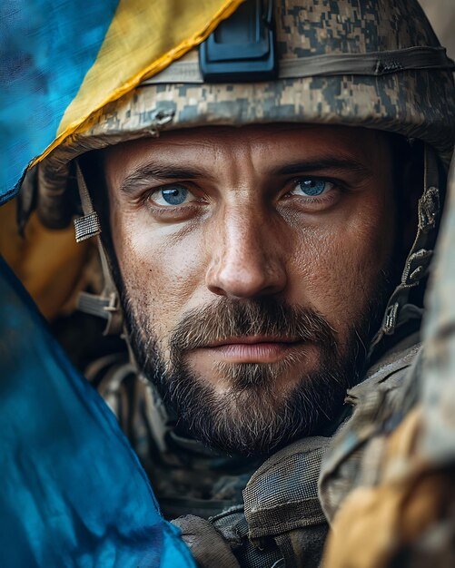 arafed man in camouflage with a blue and yellow hat