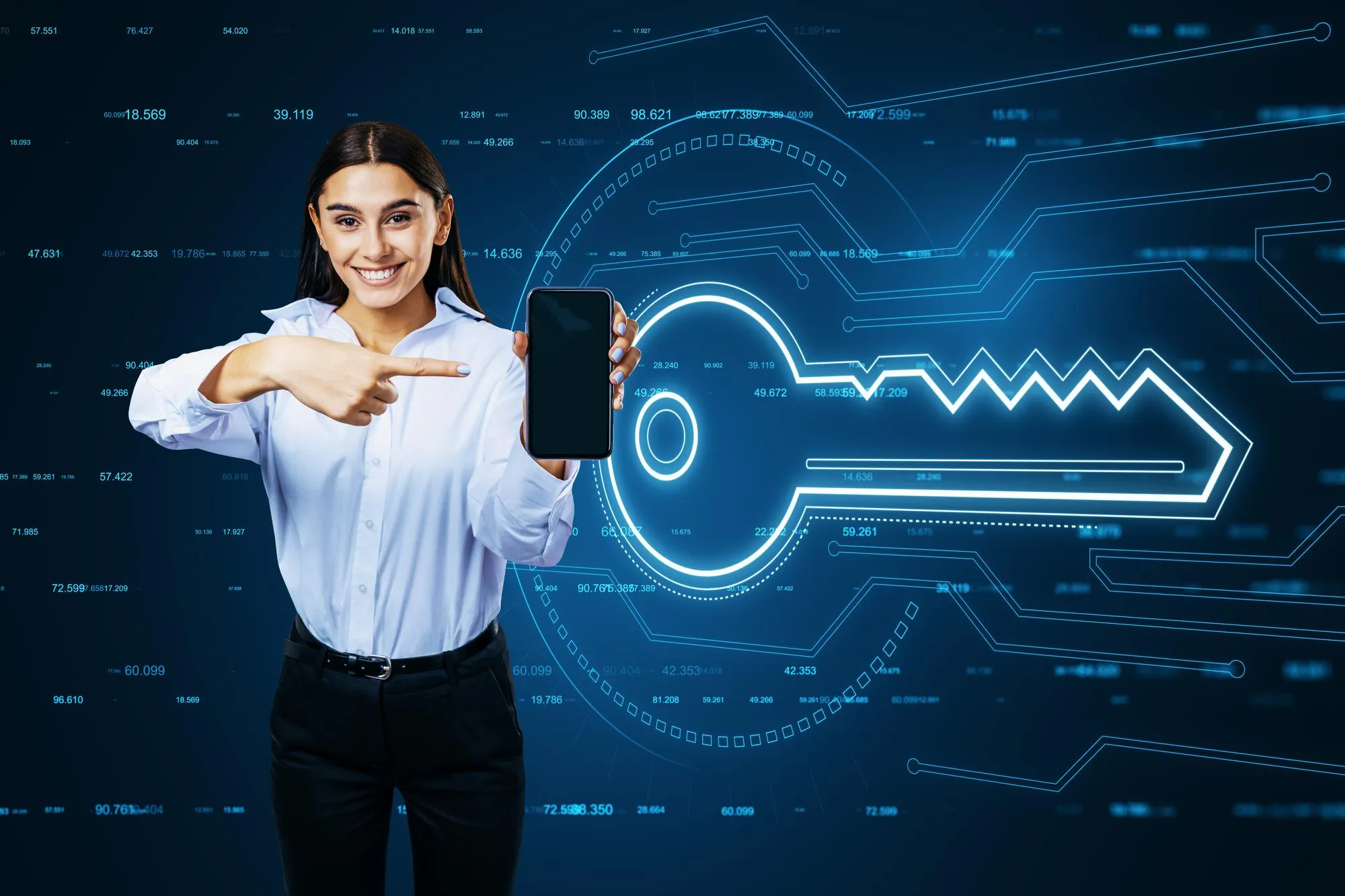 Attractive young european businesswoman pointing at mobile phone with glowing key hologram on blurry background Virtual house and future concept