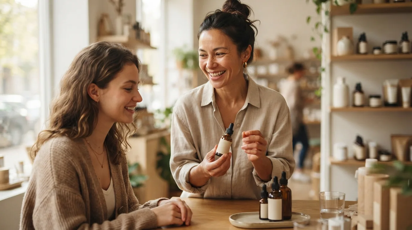 a woman smiling while showing beauty products to a client