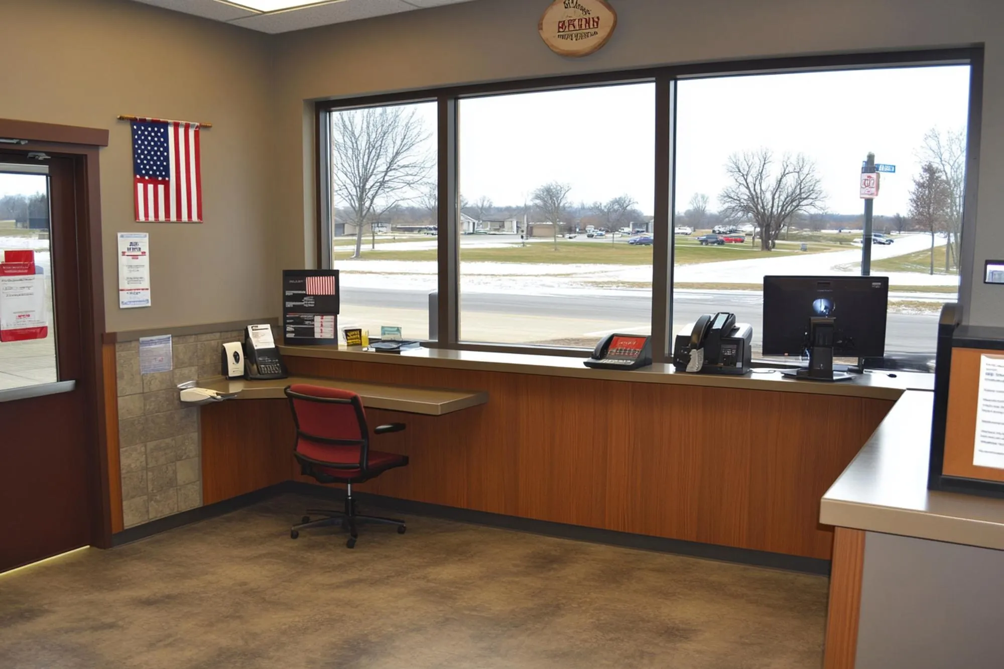 Bank office interior with large window