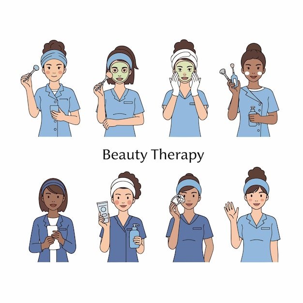 Beauty therapists at work cartoon style set