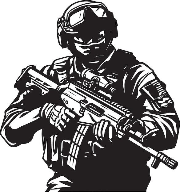 a black and white drawing of a soldier holding a gun