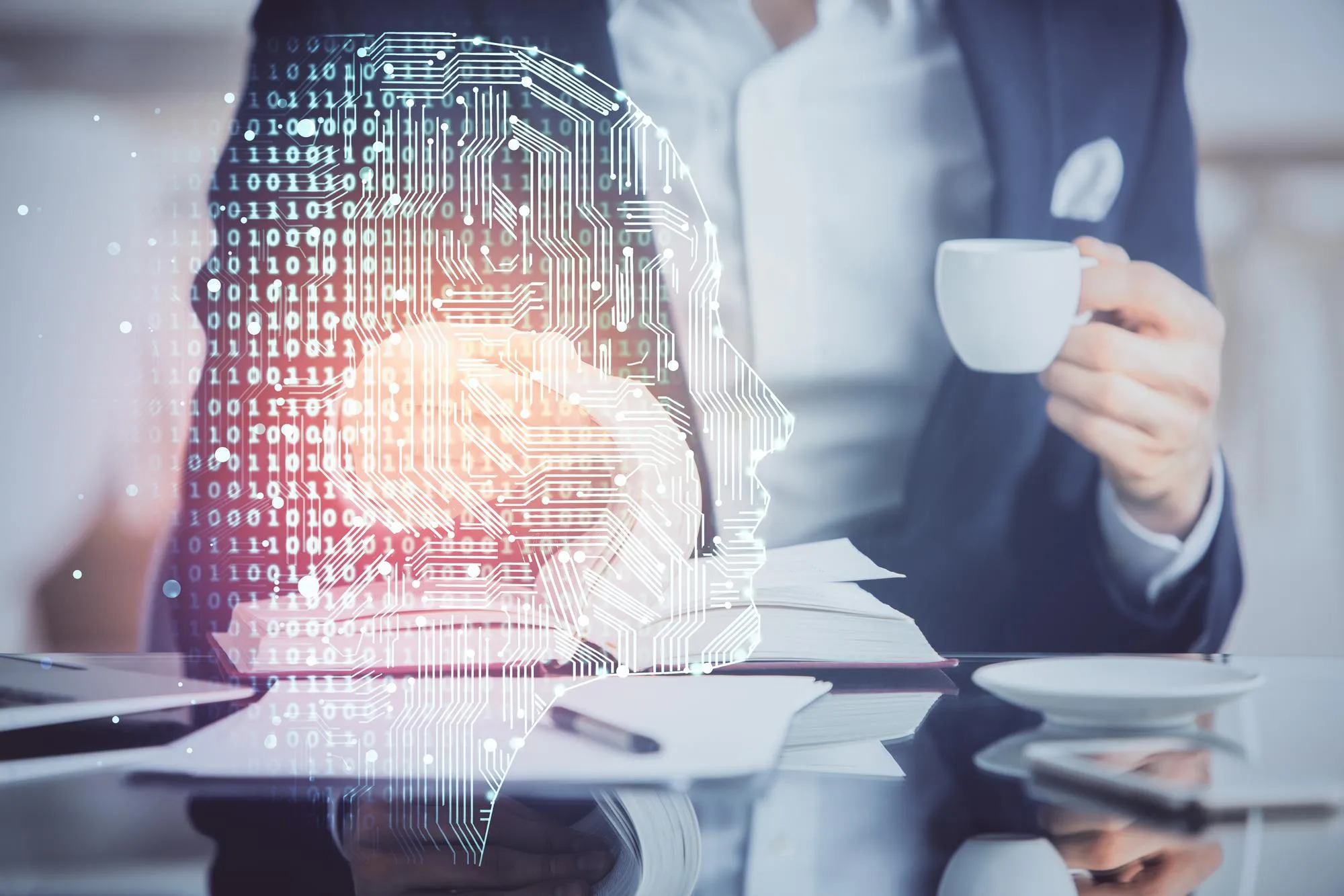 Brain multi exposure icon with man hands background Concept of learning