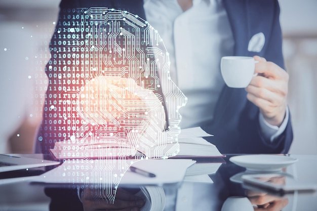 Brain multi exposure icon with man hands background Concept of learning