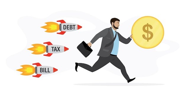 Businessman running away from rockets taxbill debt male employee holding dollar coin in hand vector