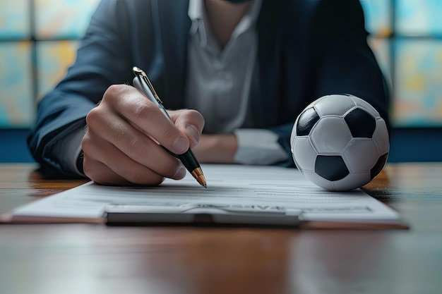 Businessman Signing Sports Contract with Soccer Ball on Desk