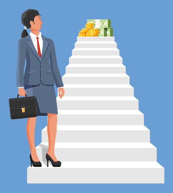 Businesswoman climbs up ladder to money Goal setting Smart goal Business target Achievement and success Concept of success career growth Achievement and goal Flat vector illustration