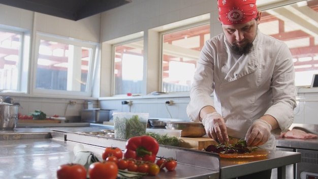 Chef serves the salad by placing the ingredients on a plate, cooking and Haute cuisine concept