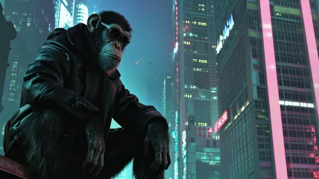 Chimpanzee in a Leather Jacket Staring at the Night City