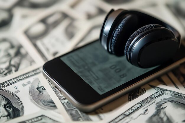 a close up of a cell phone with headphones on top of a pile of money