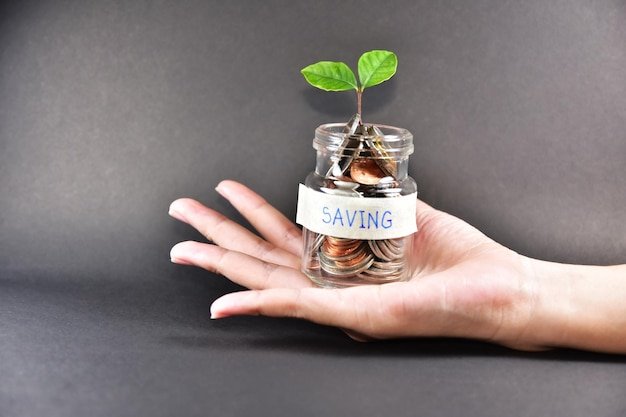 Close-up of hand holding jar with coins against gray background