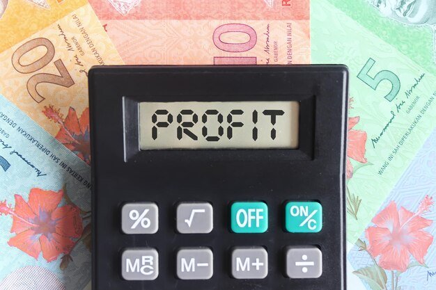 Close up image of banknotes and calculator with text PROFIT on the display