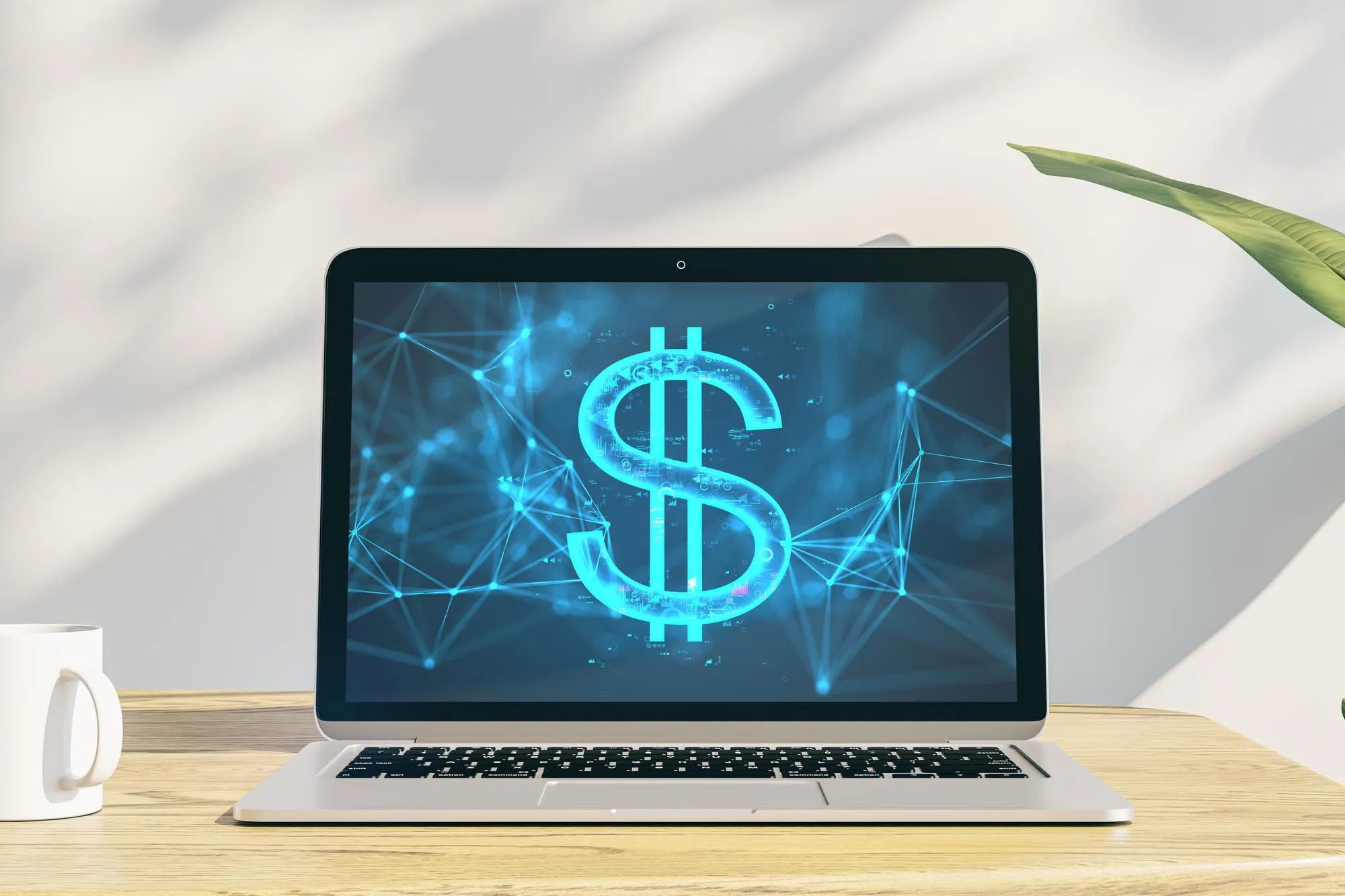 Close up of laptop on wooden desk with coffee cup and digital dollar sign on concrete wall background with shadows Digital banking technology and cryptocurrency concept 3D Rendering