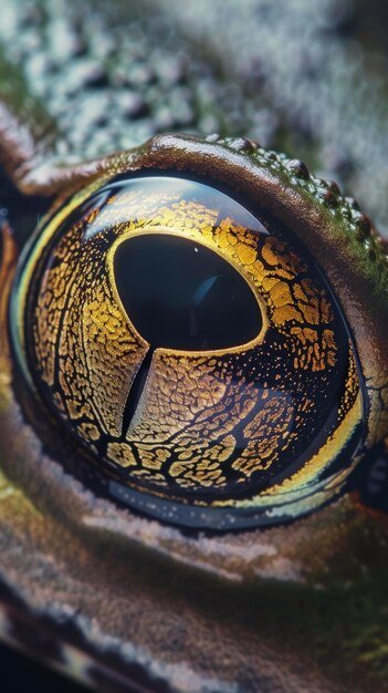 Closeup of a frog39s mesmerizing eye in vibrant natural surroundings at dawn