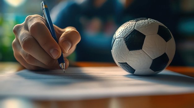 Closeup of a hand signing a sports contract a soccer ball resting on the desk