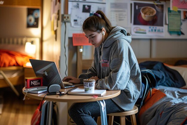 College Student Sits on Round Stool