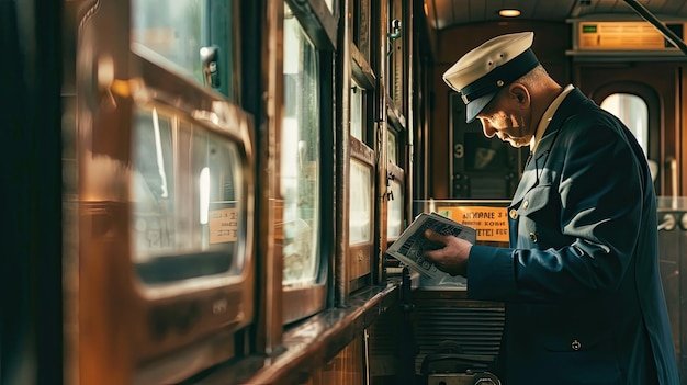 A conductor in uniform checks tickets on a vintage train Retro interior oldtime atmosphere attention to detail Generative by AI
