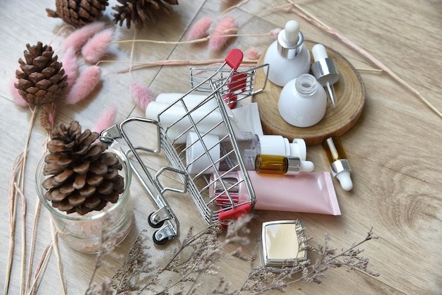 Cosmetic bottle container in shopping cart