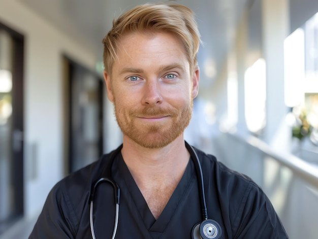 Doctor in uniform holding stethoscope and crossed arms Hospital or clinic background and copy space