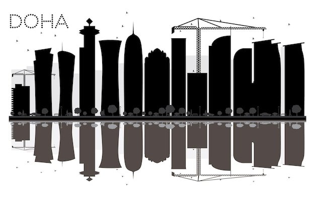 Doha City skyline black and white silhouette with reflections. Vector illustration. Simple flat concept for tourism presentation, banner, placard or web site. Cityscape with landmarks.