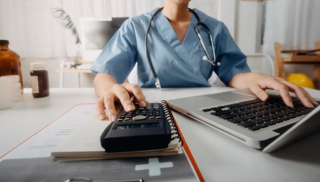 Double exposure of technology healthcare And Medicine concept Doctors using digital tablet and modern virtual screen interface icons panoramic banner blurred background