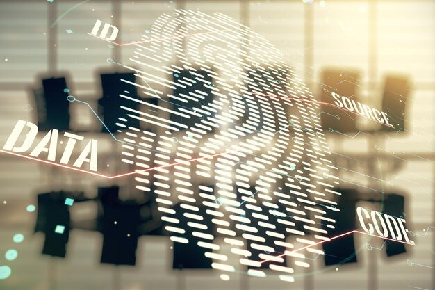 Double exposure of virtual creative fingerprint hologram on a modern meeting room background research and development concept