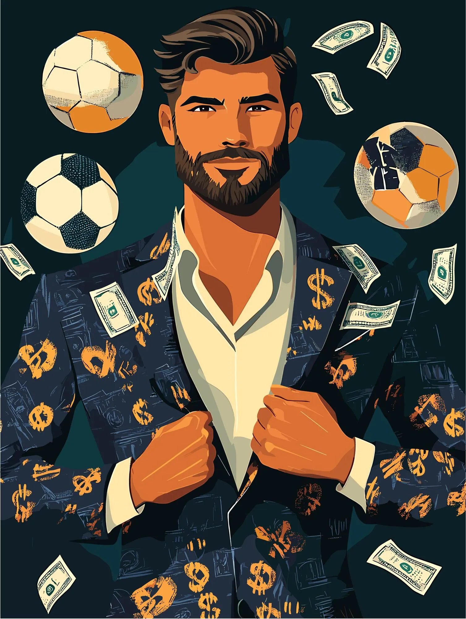 Dynamic Sports Entrepreneur Surrounded by Dollar Symbols