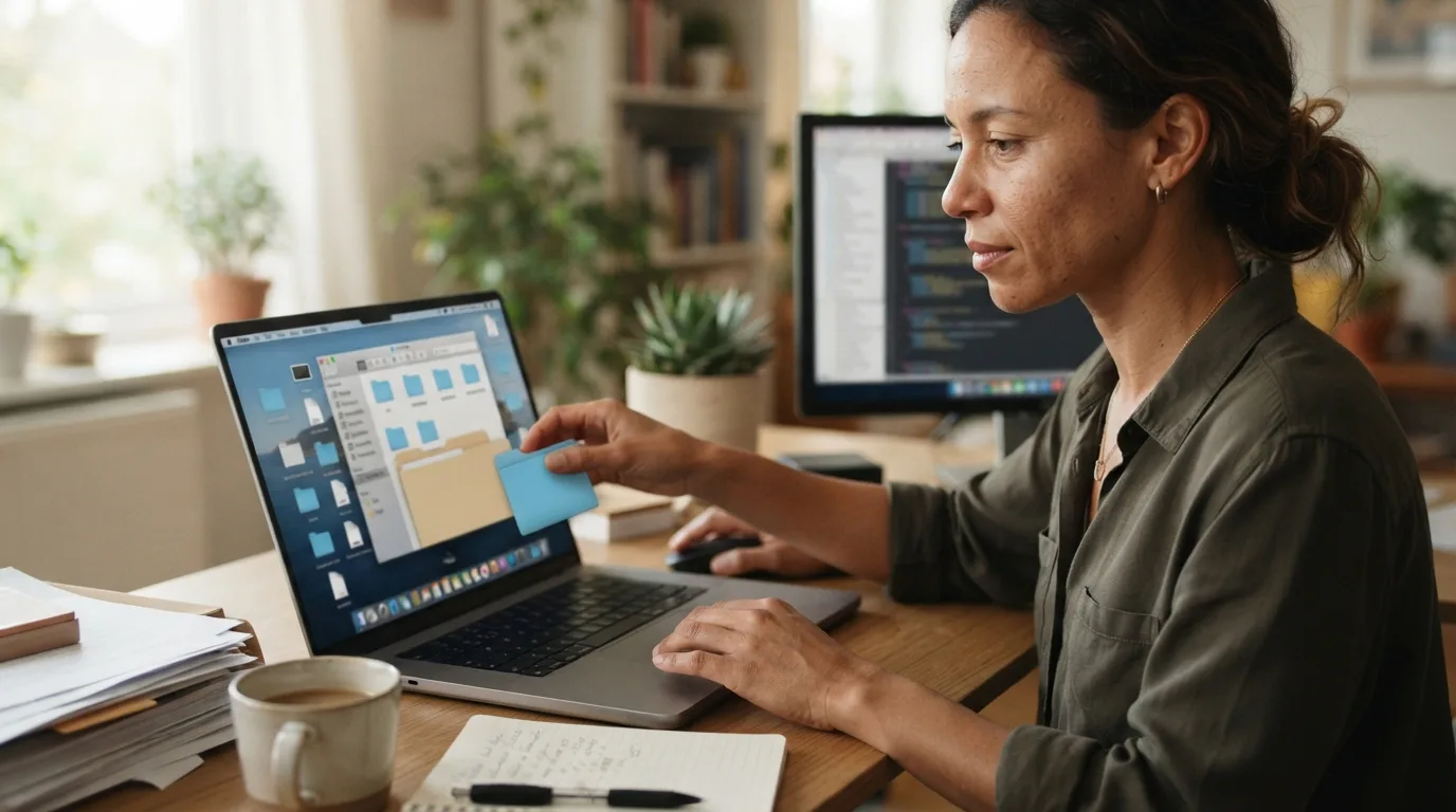 a person organizing a cluttered digital workspace