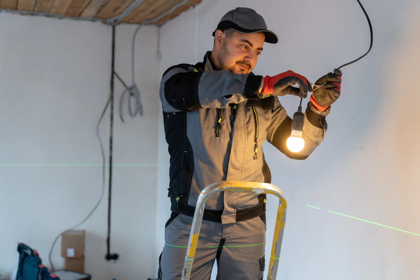 electrician connected wires to each other and lamp in socket lit up with a bright light
