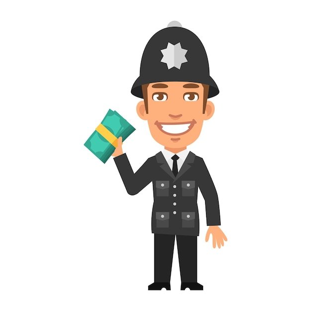 English policeman holding wad of money and smiling