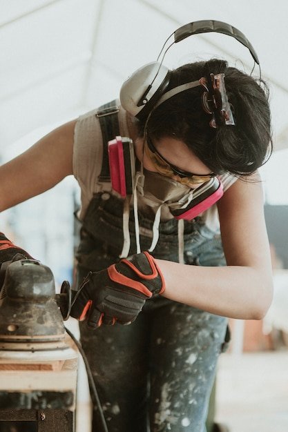 Female carpenter smoothing the lumber with a sander