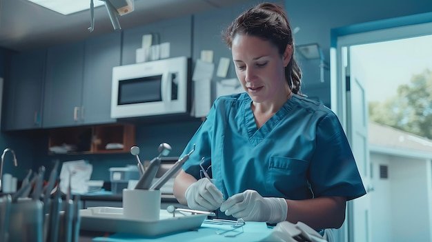 a female nurse is working on a dental instruments