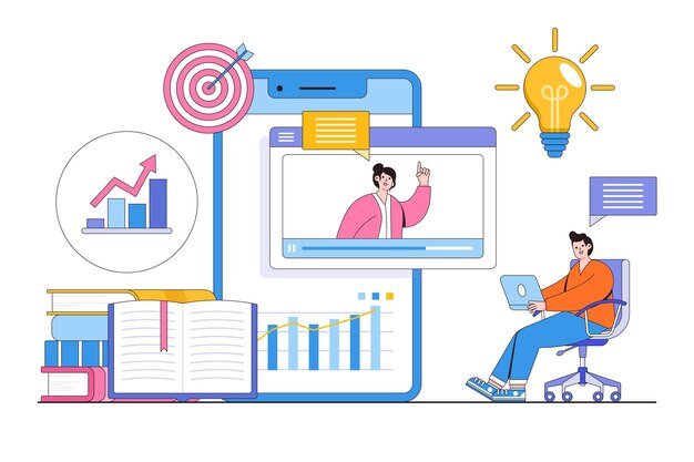 Flat coaching and mentoring online with business advise or trainer discussing strategy concept Outline design style minimal vector illustration