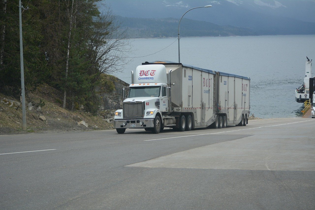truck, nature, lorry, white truck, cargo truck, big rig, transportation, vehicle, highway, lake, driving, truck drivers, truckers, lorry driver, gray truck