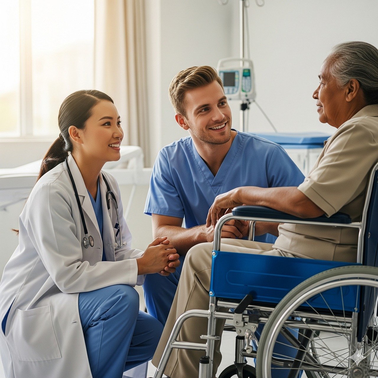doctor, nurse, patient, medical consultation, healthcare, kindness, senior, caregiver, wheelchair, hospital, medicine, nursing, conversation, care, smile, interaction, support, comfort, help, medical staff, ai generated