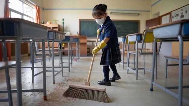 a girl cleaning a dirty floor with a broom