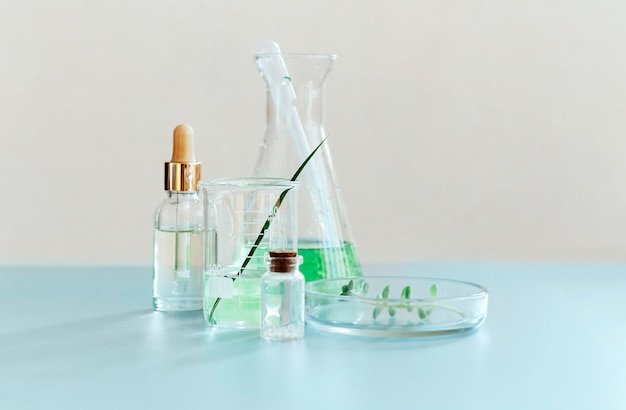 Glass bottle on table against white background