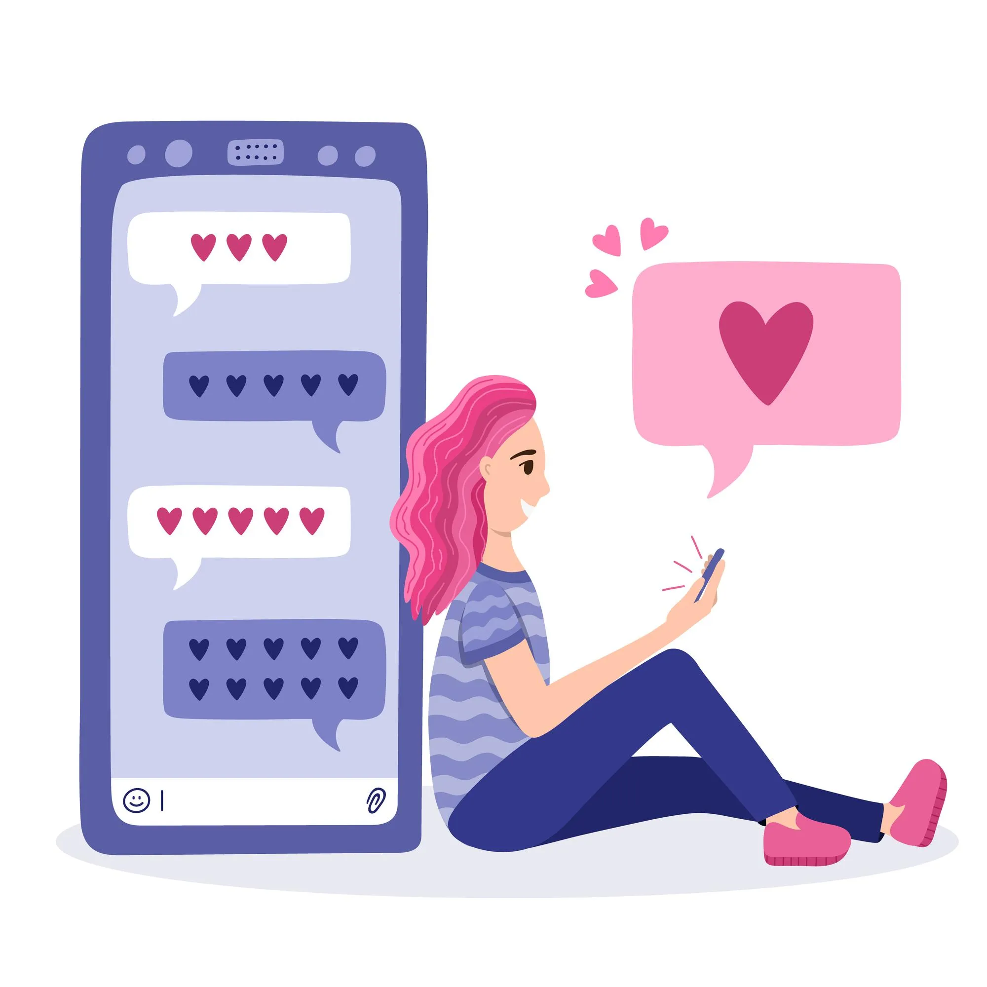 Happy young woman sitting behind big phone with romantic chat holding mobile Teenage girl in love chatting with boyfriend via smartphone Concept of mobile app for dating long distance relationship