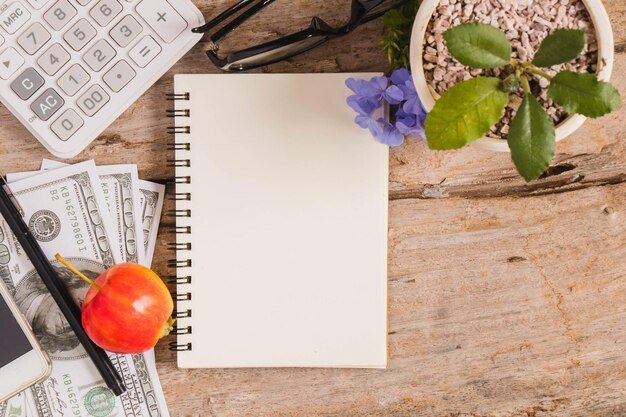 High angle view of diary with paper currency by plant and calculator on wooden table