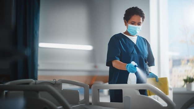 Hospital Ward Professional Black Nurse Wearing Face Mask Wiping the Bed Cleaning Room After Covid19 Patients Recover Disinfection Sterilizing Sanitizing Clinic after Coronavirus Infected People