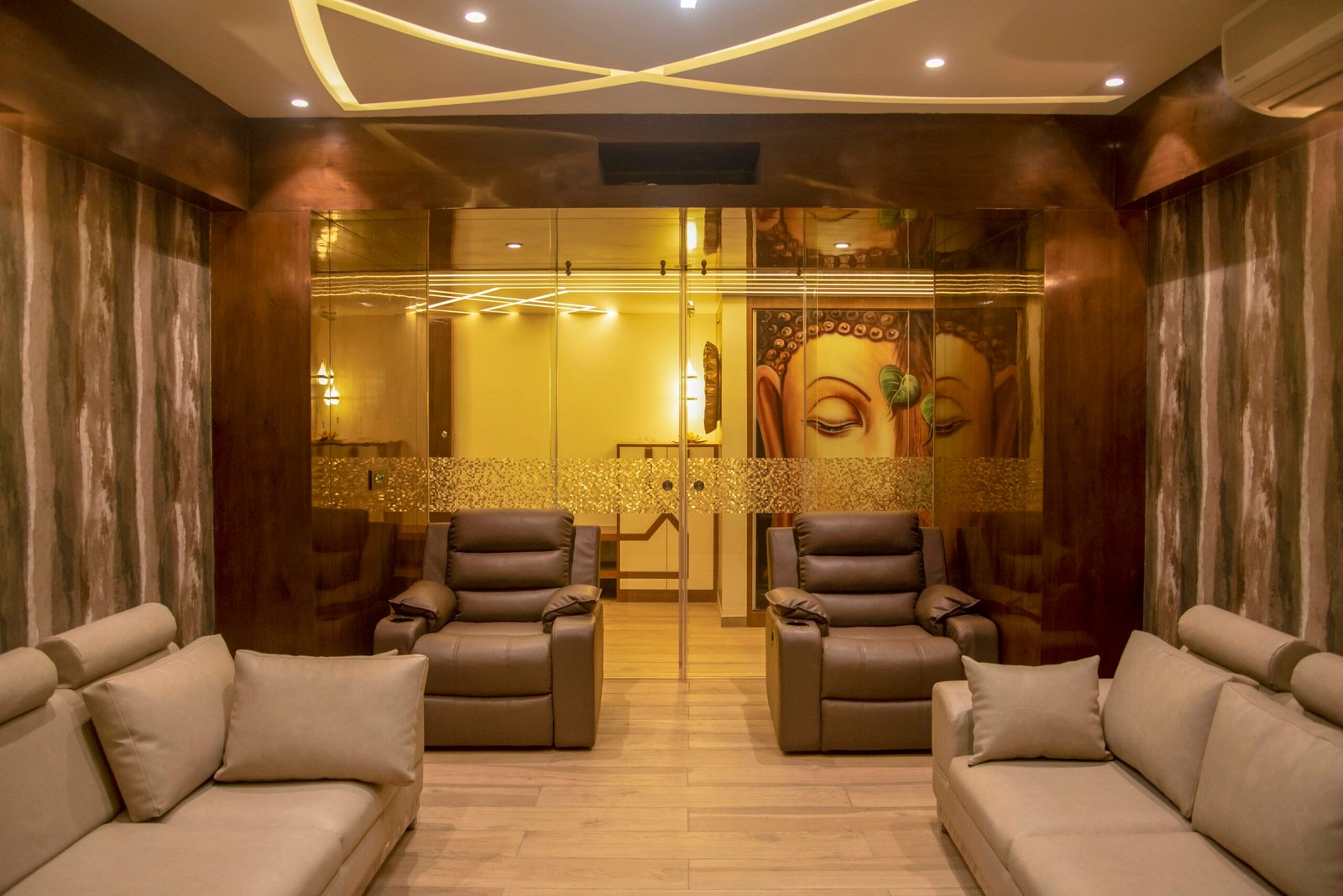 A luxurious spa waiting area with soft lighting.