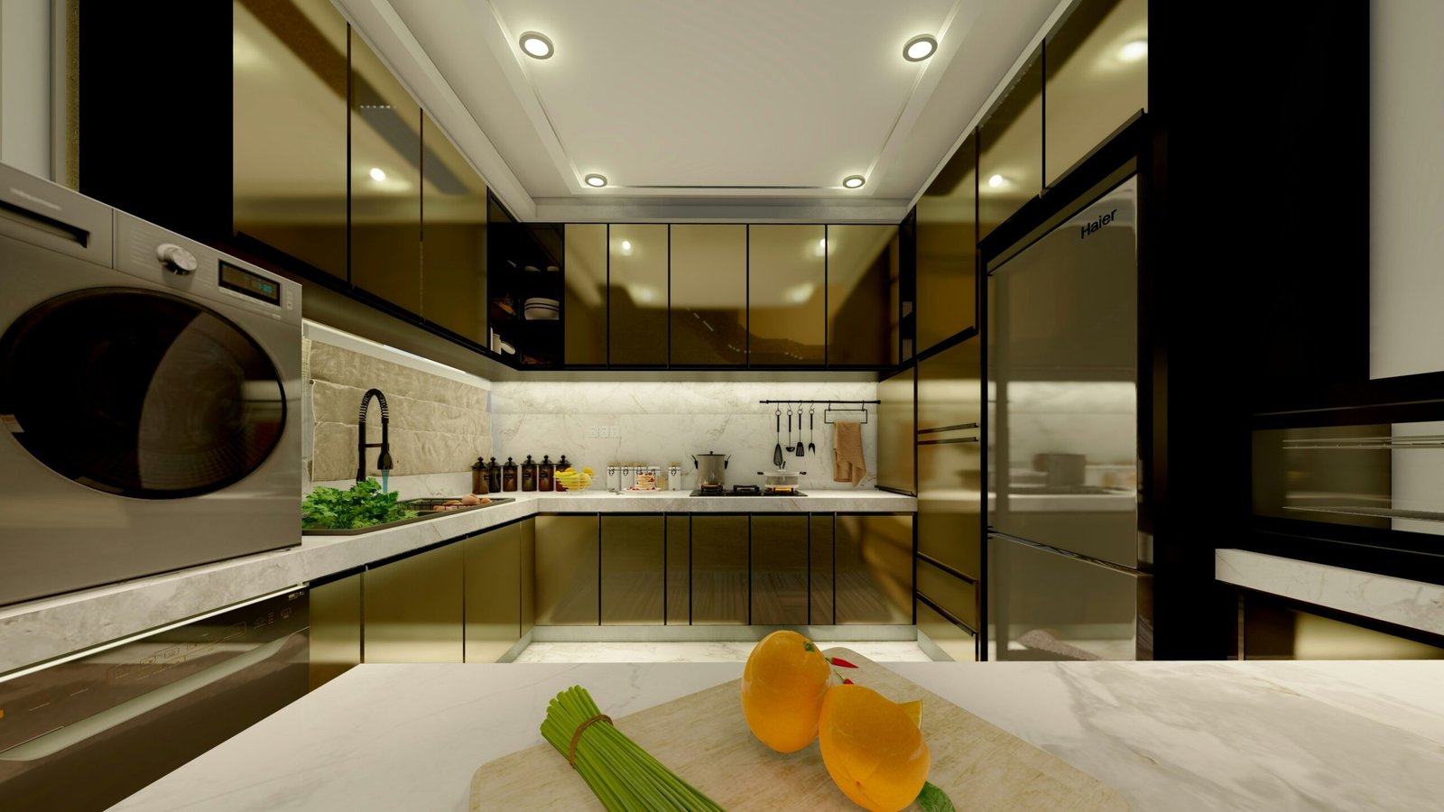 A modern kitchen with appliances and fruit.