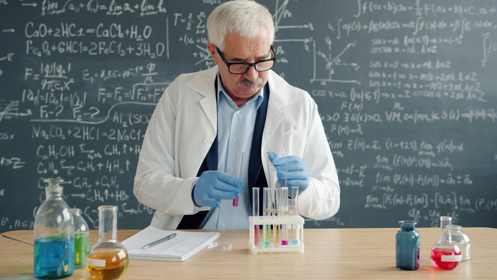 Scientist in lab coat conducts experiment with test tubes.