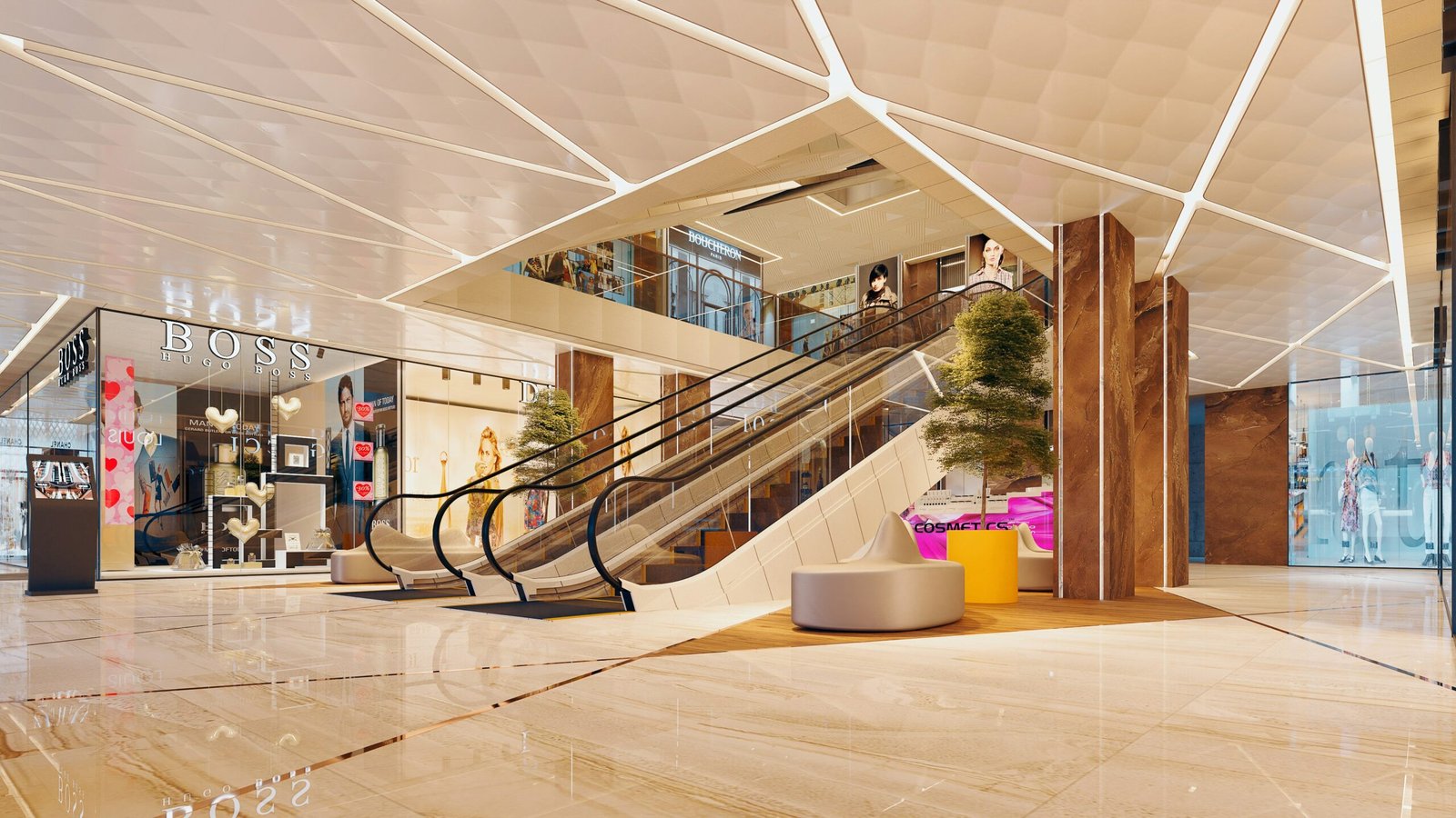 Modern shopping mall interior with escalators and shops.