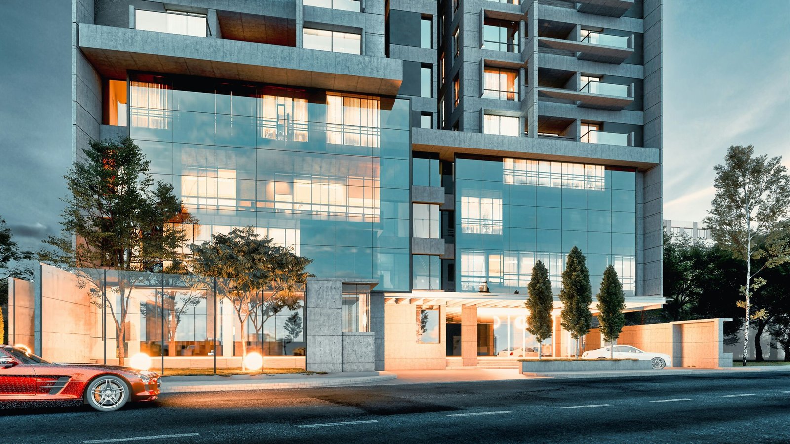 Modern building with glass facade and sports car.