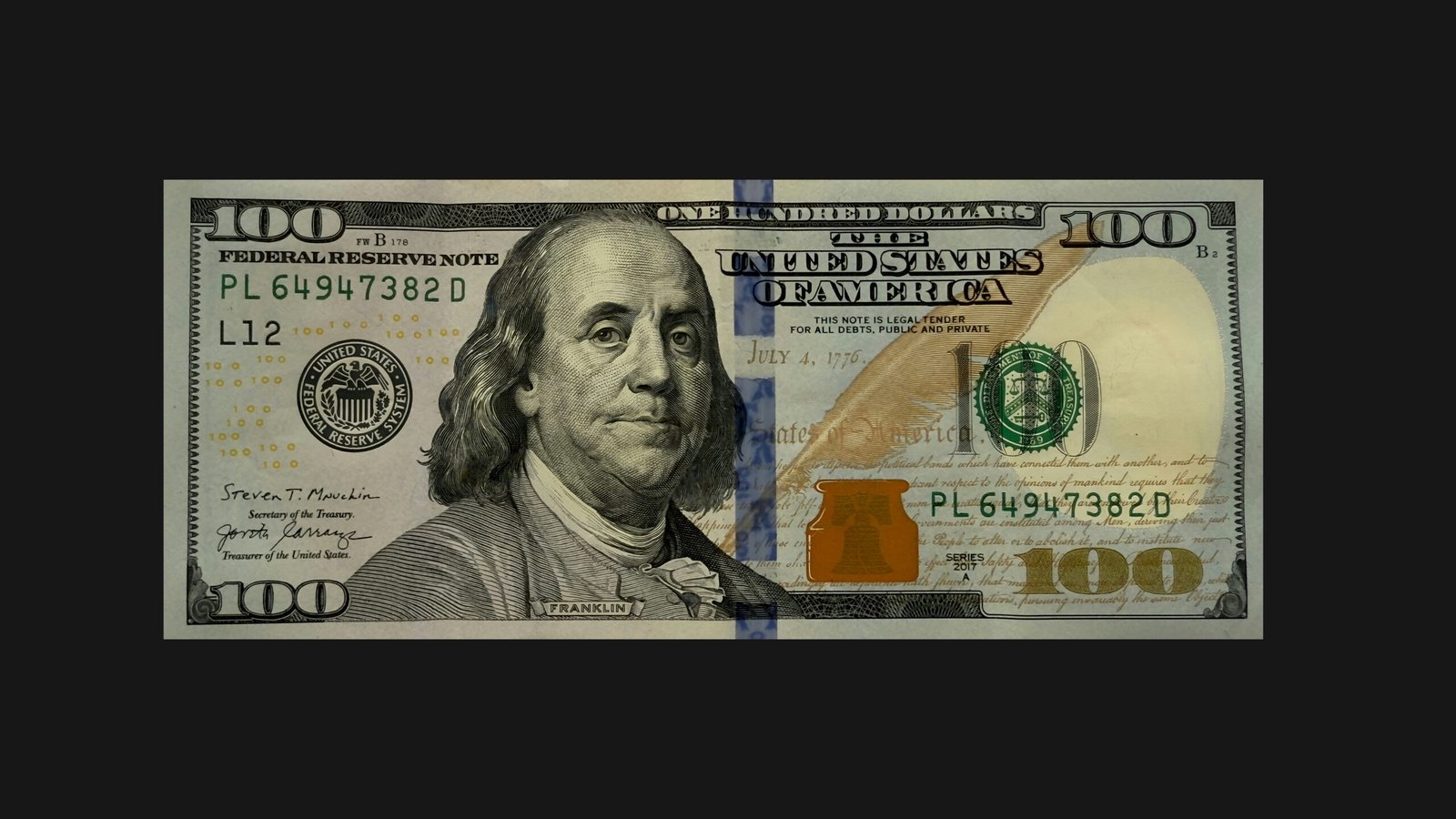 A one hundred dollar bill is shown.