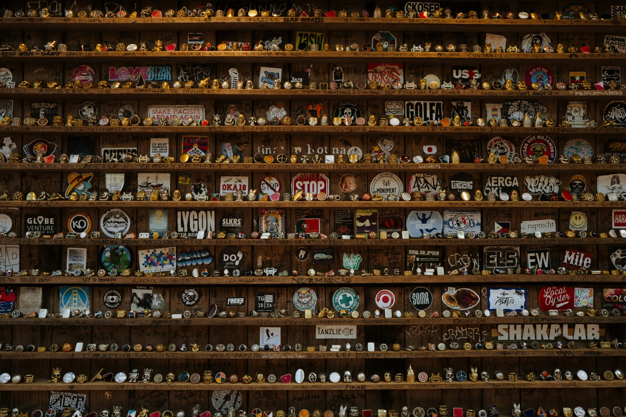Shelves overflowing with tiny collectibles and souvenirs.